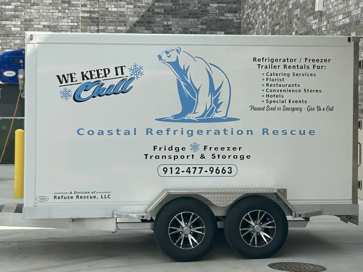 Emergency refrigerated trailer rental - Coastal Refrigeration Rescue Coastal Refrigeration Rescue mobile refrigerated transport trailer with 'We Keep It Chill' branding and polar bear logo